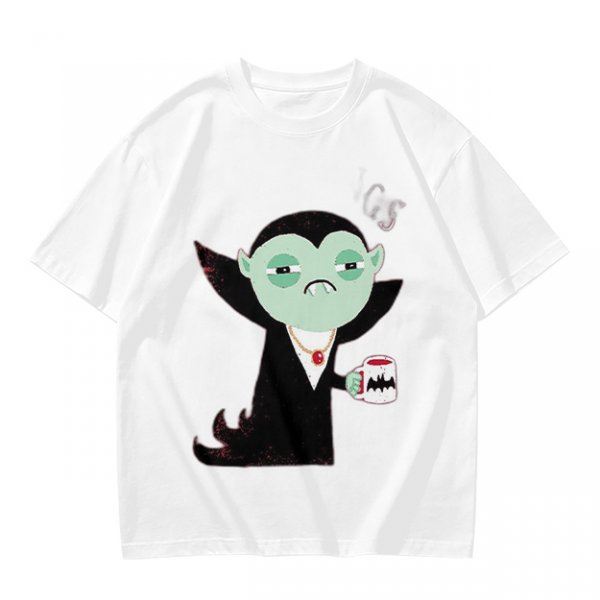 Olive T-Shirt With Tired Vampire Holding Bat Mug Graphic