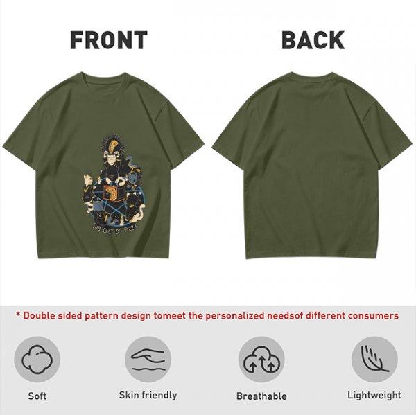 Olive Graphic T-Shirt With The Cult Of Pizza Cat Occult Artwork
