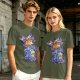 Olive green t-shirt with cartoon characters in cosplay graphic