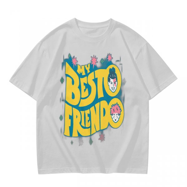 Olive graphic t-shirt with 'MY BESTO FRIENDO' anime character print