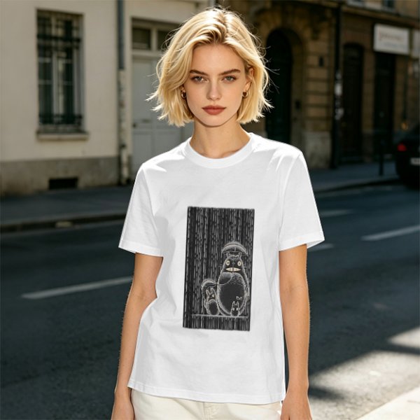 Olive green graphic tee with Totoro family illustration