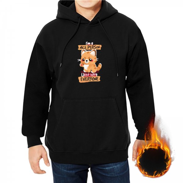 Black hoodie with cute cat graphic and 'I'm a nice person just hate everyone' text
