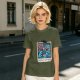 Olive t-shirt with monster polaroid print that says Normal Is Boring
