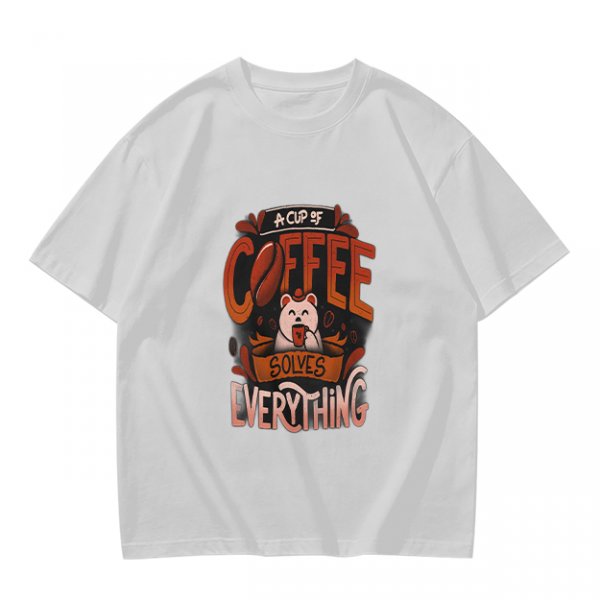 Olive t-shirt with coffee bear graphic that says a cup of coffee solves everything