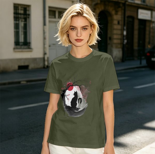 Olive T-Shirt with Japanese Style Cat and Red Sun Art Print