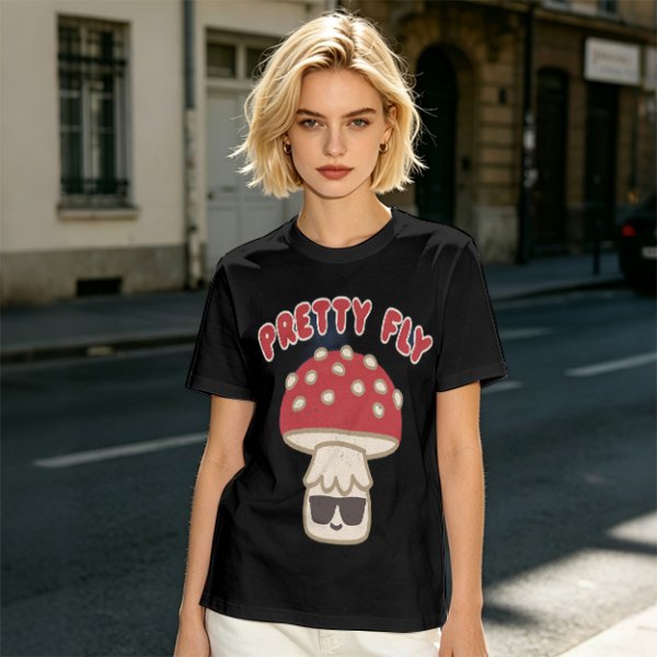 Olive green graphic t-shirt with 'Pretty Fly' and cool mushroom print