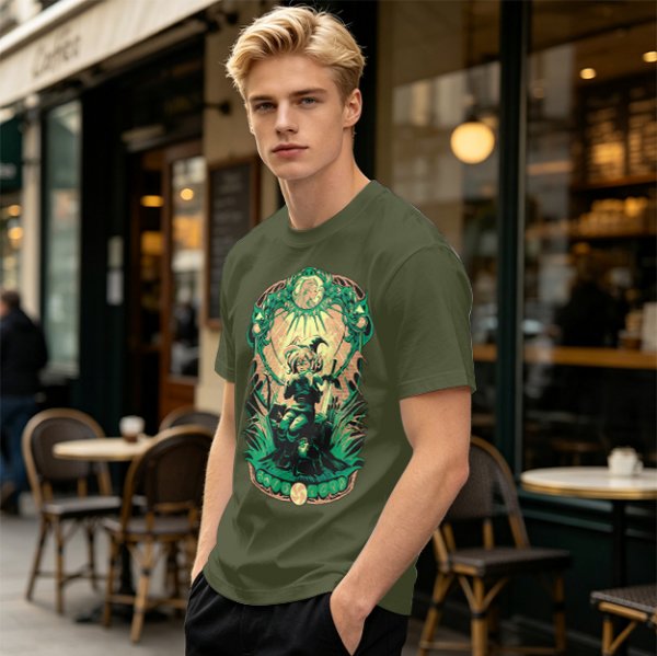 Olive Green T-Shirt With Fantasy Warrior Graphic Print