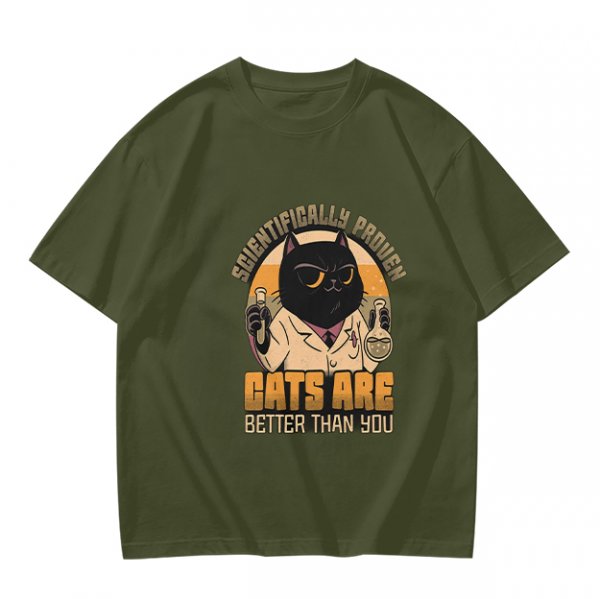 Olive green t-shirt with scientifically proven cats are better than you cat scientist print