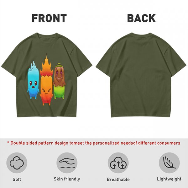 Olive T-Shirt With Cute Water Fire And Earth Elemental Characters