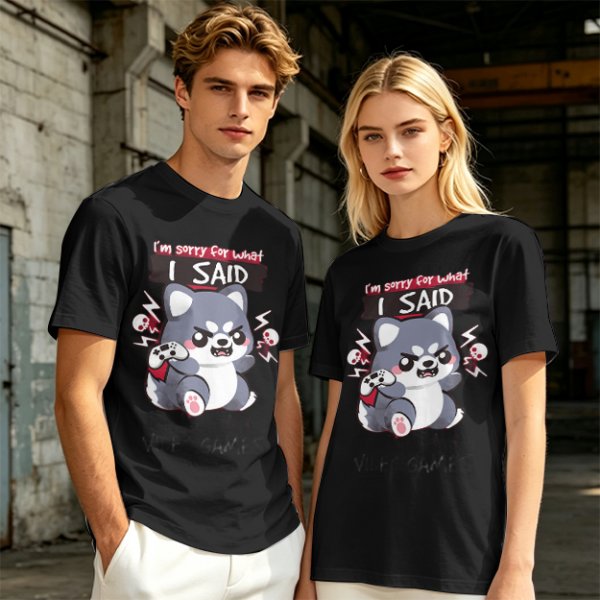 Olive t-shirt with angry gaming wolf graphic and funny apology text