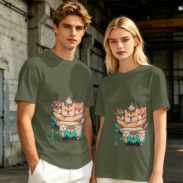 Olive green t-shirt with cute shiba inu ice cream graphic
