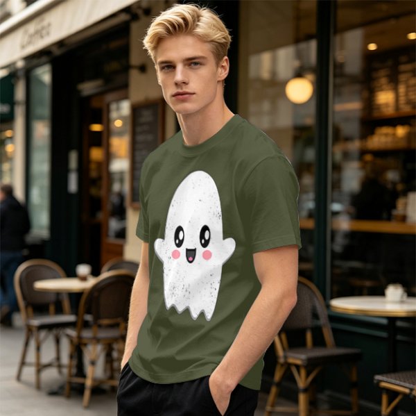 Olive T-shirt with Cute Kawaii Ghost Graphic Print
