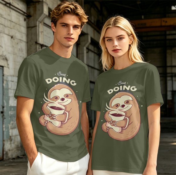 Olive green sloth t-shirt with 'Busy Doing' coffee graphic