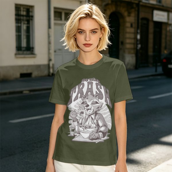 Olive graphic t-shirt with raccoon eating and 'Stop eating TRASH' print