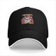 Black baseball cap with angry cartoon dog surrounded by flames graphic