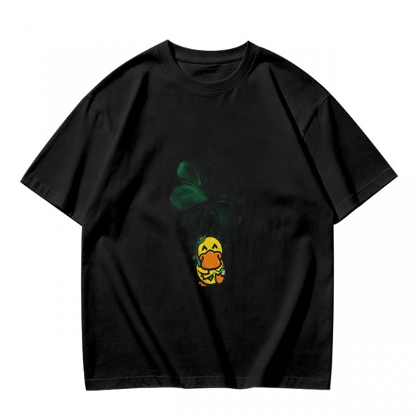 Olive T-shirt with Cute Duck Holding Four-Leaf Clover Print