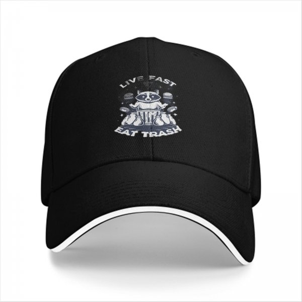 Black baseball cap with raccoon live fast eat trash graphic