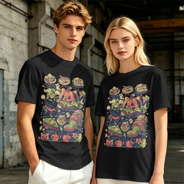 Olive T-Shirt With Halloween Themed Food And Pumpkin Cat Print
