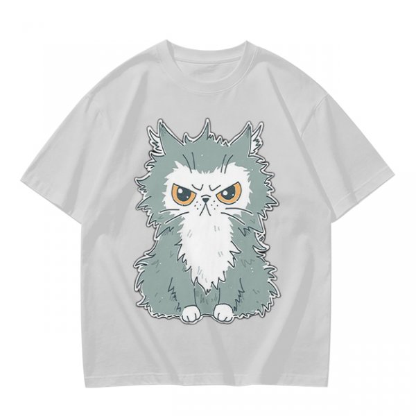 Olive T-shirt with Grumpy Fluffy Gray Cat Graphic Print