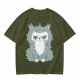 Olive T-shirt with Grumpy Fluffy Gray Cat Graphic Print