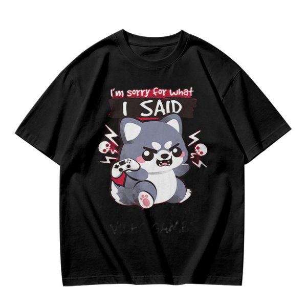 Olive t-shirt with angry gaming wolf graphic and funny apology text