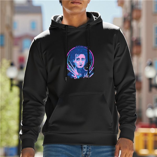 Black hoodie with neon gothic character graphic print