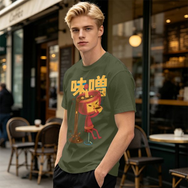 Olive green t-shirt with whimsical miso character graphic print