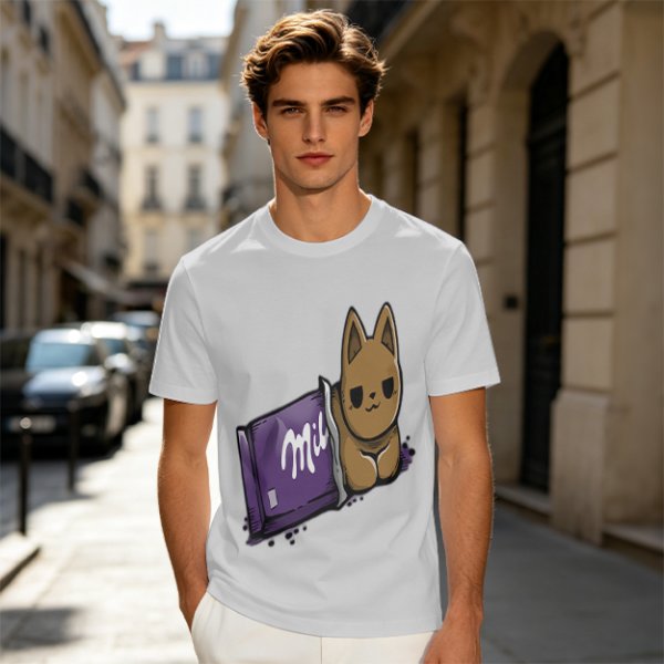Olive T-shirt with a cartoon cat emerging from a purple chocolate wrapper print