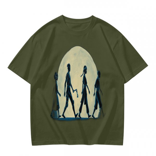 Olive T-shirt with Walking Silhouettes Under a Large Moon