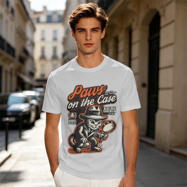 Olive t-shirt with detective cat 'Paws on the Case' graphic