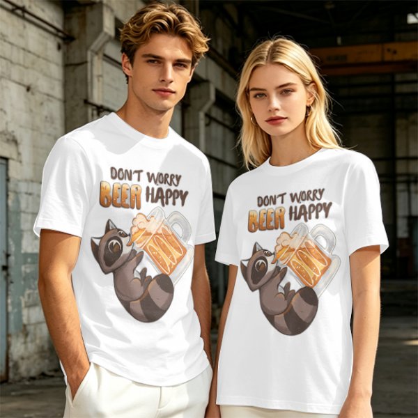 Oversized olive t-shirt with raccoon drinking beer graphic