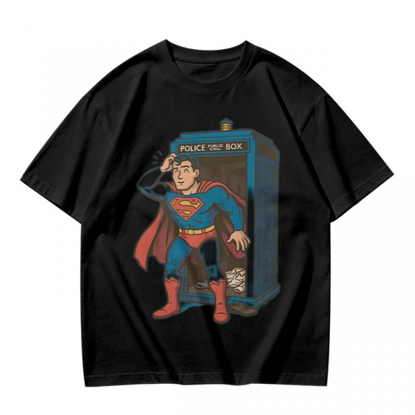 Olive T-shirt with Superman emerging from TARDIS police box graphic