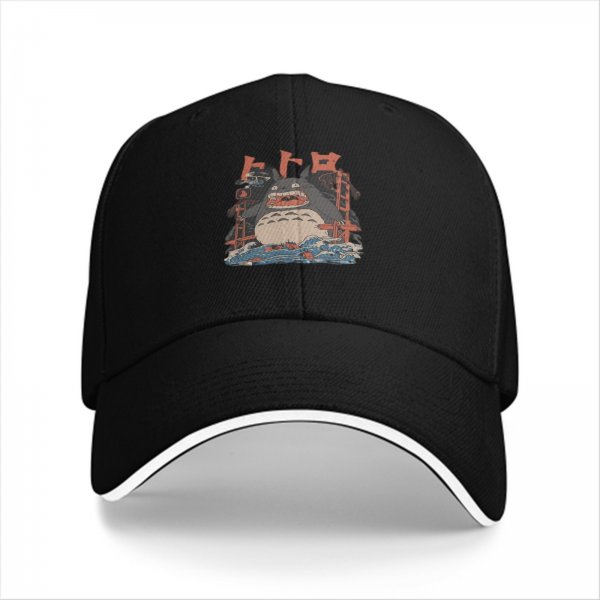 Black baseball cap with Totoro graphic and Japanese text print