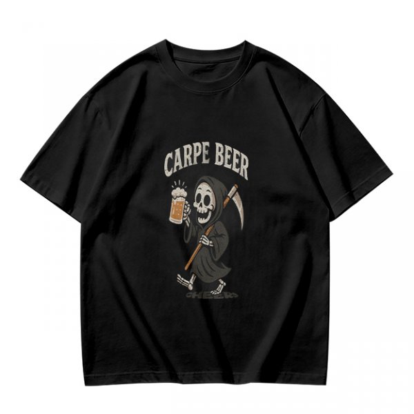 Olive green t-shirt with Carpe Beer grim reaper holding beer mug graphic