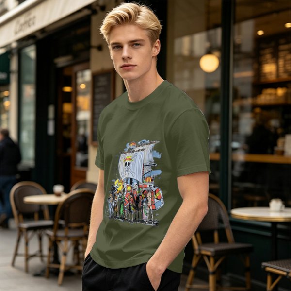 Olive T-Shirt with One Piece Straw Hat Pirates Crew and Ship Print