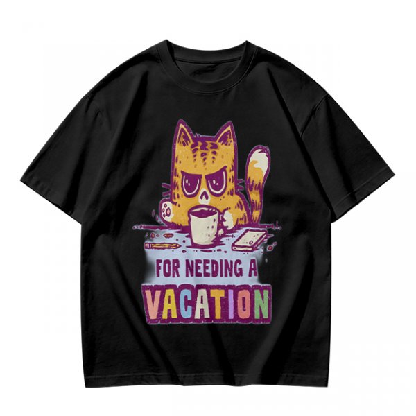 Olive t-shirt with a grumpy cat needing a vacation print