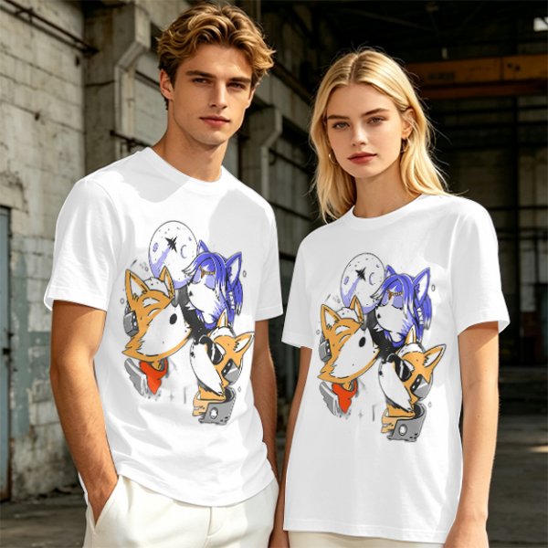 Olive T-shirt with Space Fox Crew Graphic Design