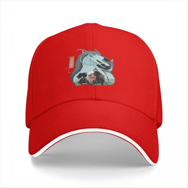 Black baseball cap with dragon and anime character graphic print