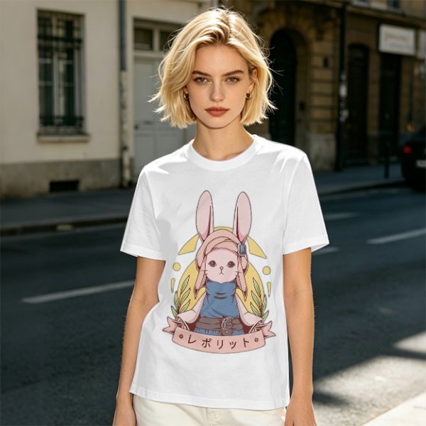 Olive T-shirt with Cute Rabbit Character and Japanese Text Print
