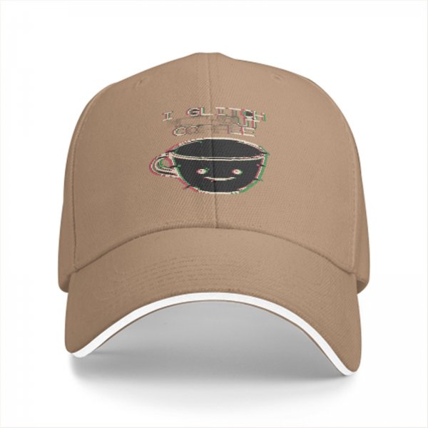 Black baseball cap with glitch coffee cup and 'I Glitch About Coffee' text
