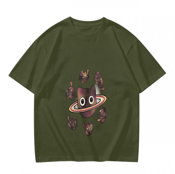 Olive T-Shirt With Saturn Cat And Kittens Space Print