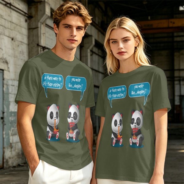 Olive t-shirt with pandas discussing life beyond eating and sleeping