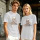 Olive T-shirt with a stressed cartoon cat baking cookies