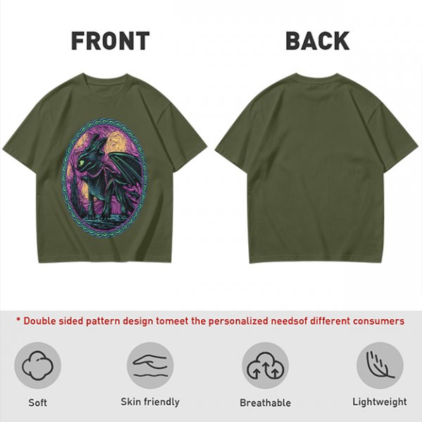 Olive T-Shirt Featuring Stylized Night Dragon In Swirling Oval Art