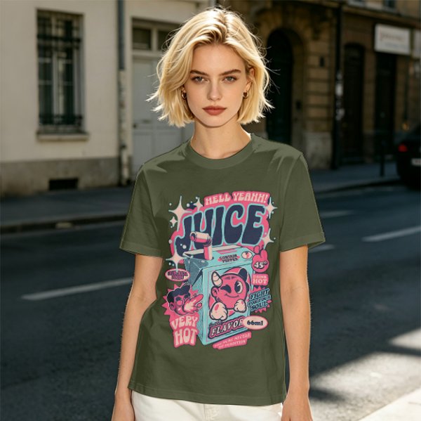 Olive t-shirt with retro hot juice devil graphic print