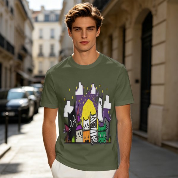 Olive T-Shirt With Halloween Themed Cute Cat Characters Print