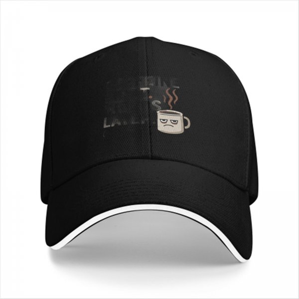 Black baseball cap with grumpy coffee cup graphic design
