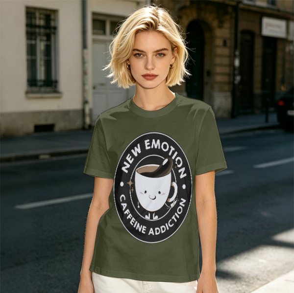 Olive t-shirt with 'New Emotion Caffeine Addiction' coffee cup graphic