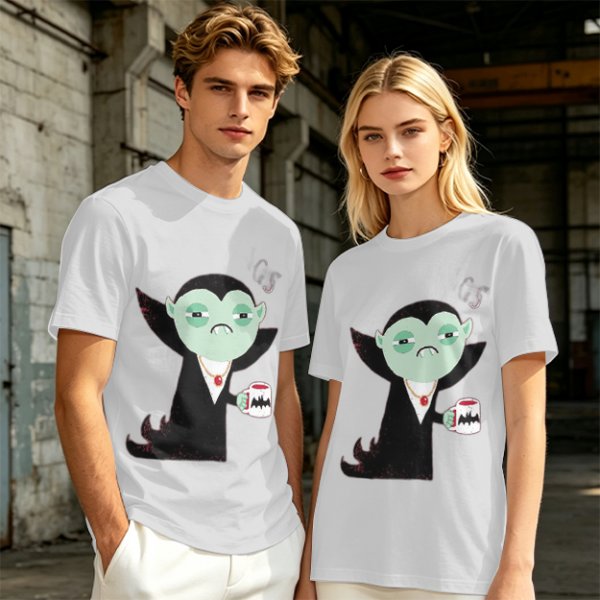 Olive T-Shirt With Tired Vampire Holding Bat Mug Graphic