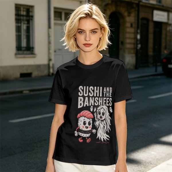 Olive t-shirt with sushi and banshee graphic print